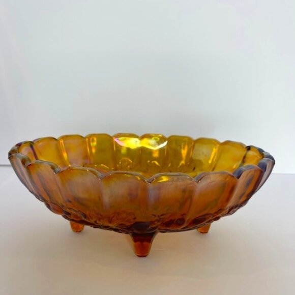 Vintage Indiana Carnival Glass Amber Footed Bowl – 7.75" H x 8.5" W Iridescent D - Picture 1 of 8